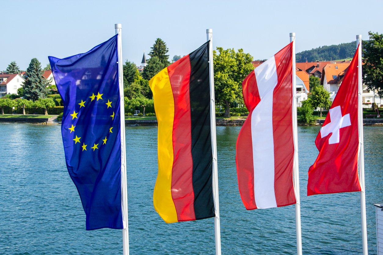 Four flags, Europe, Germany, Austria and Switzerland Four flags, Europe, Germany, Austria and Switzerland